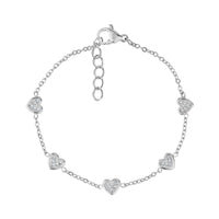 Silver minimal heart chain bracelet featuring five heart charms with cubic zirconia stones and adjustable length.