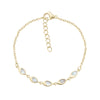 Gold-tone marquise mother of pearl bracelet with adjustable chain clasp, delicate shell inlays on polished metal links.
