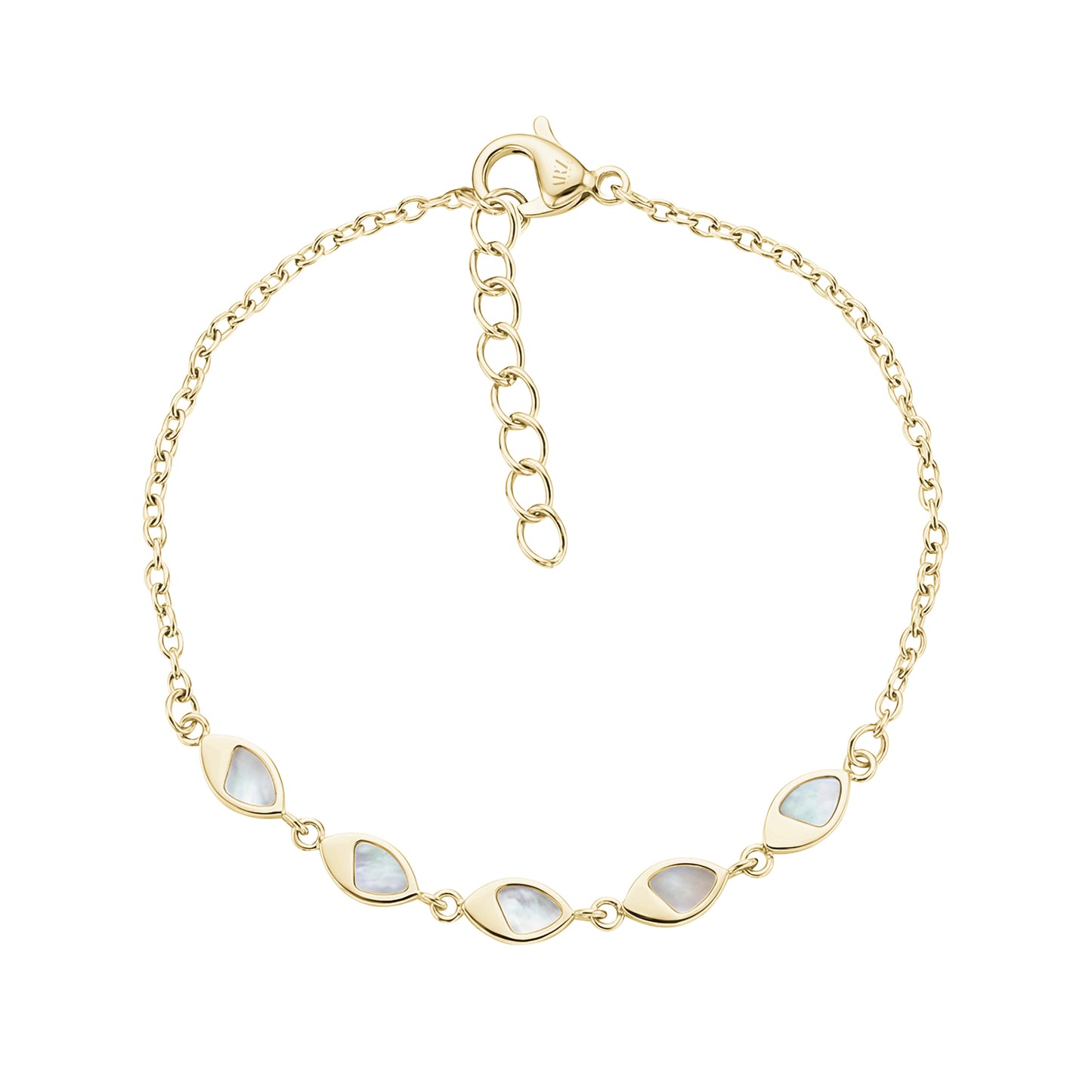 Gold-tone marquise mother of pearl bracelet with adjustable chain clasp, delicate shell inlays on polished metal links.