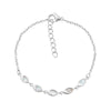Silver-tone marquise mother of pearl bracelet with adjustable chain clasp, delicate shell inlays on polished metal links.