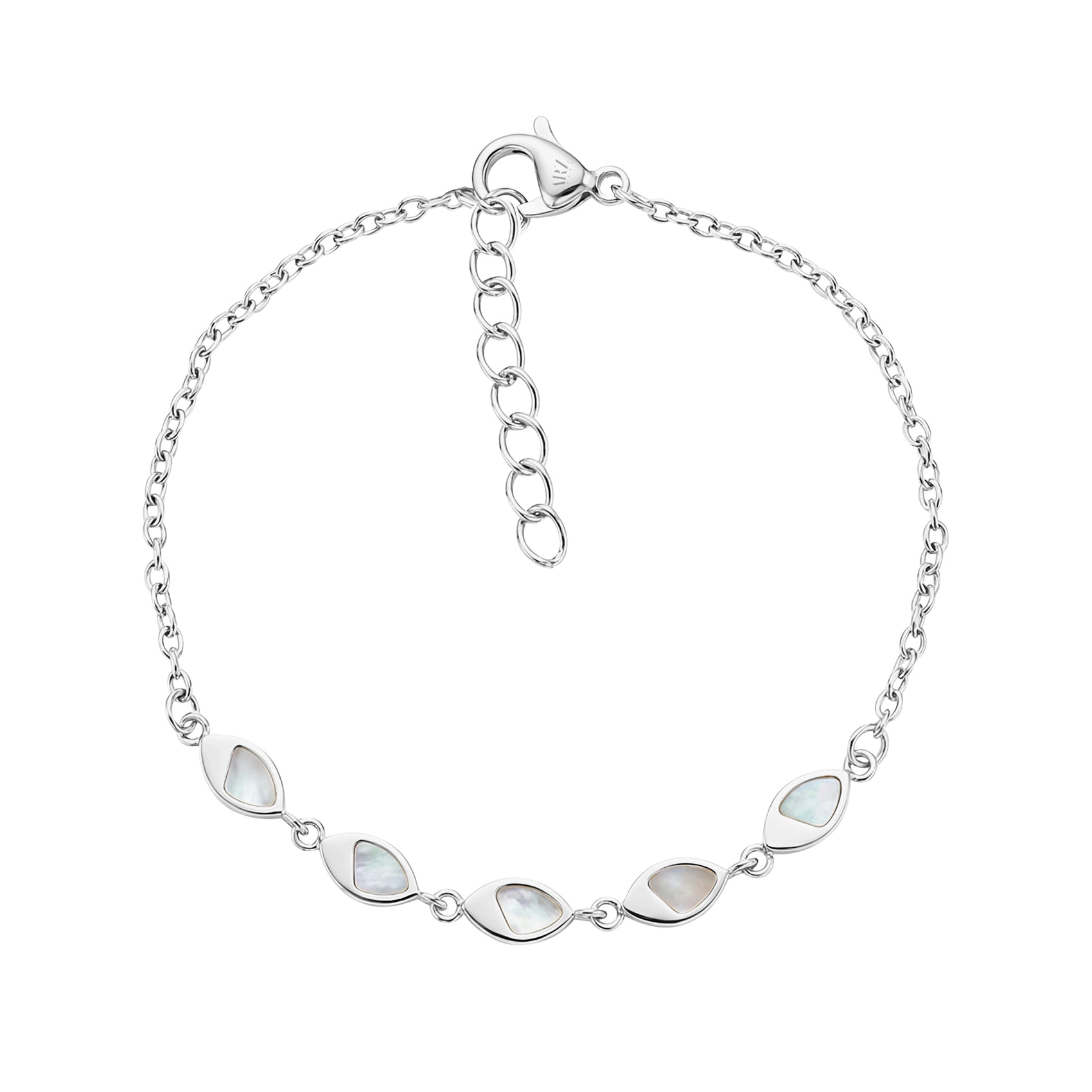 Silver-tone marquise mother of pearl bracelet with adjustable chain clasp, delicate shell inlays on polished metal links.