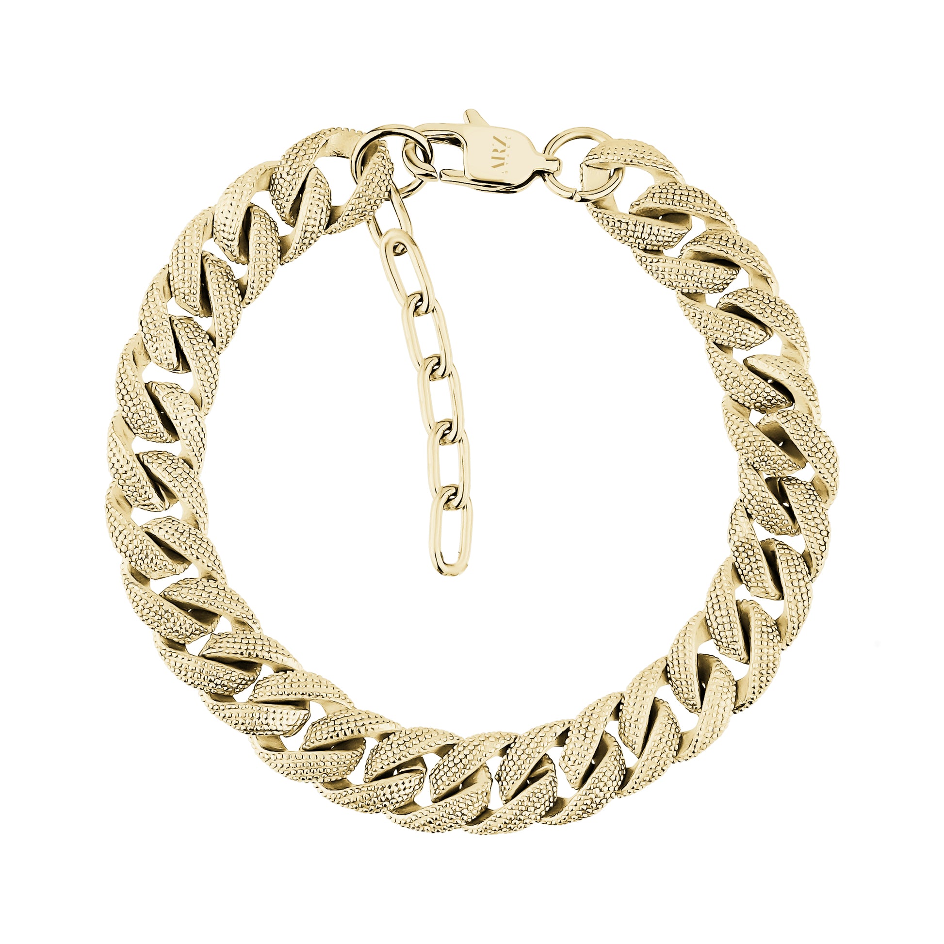 Close-up of gold textured Cuban link bracelet with lobster clasp and extension chain