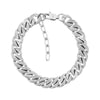 Close-up of silver textured Cuban link bracelet with lobster clasp and extension chain
