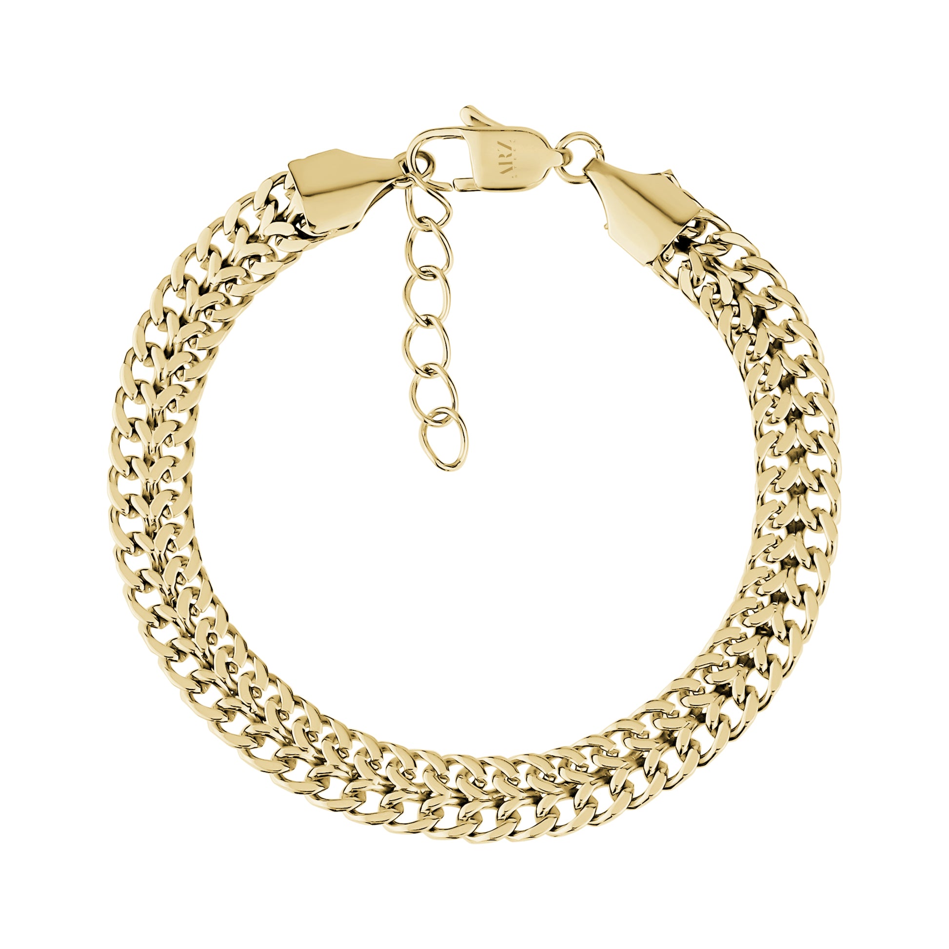Gold stainless steel stacked link chain bracelet with flat woven design and lobster clasp close-up