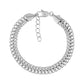 Silver stainless steel stacked link chain bracelet with flat woven design and lobster clasp close-up