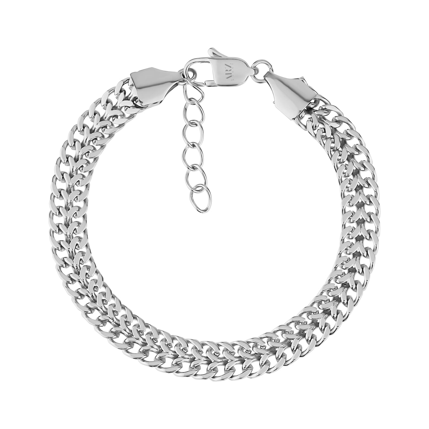 Silver stainless steel stacked link chain bracelet with flat woven design and lobster clasp close-up