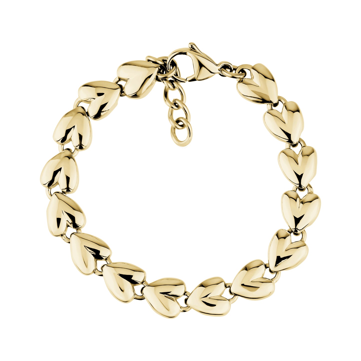 Gold stainless steel bracelet with linked heart-shaped charms and adjustable lobster clasp
