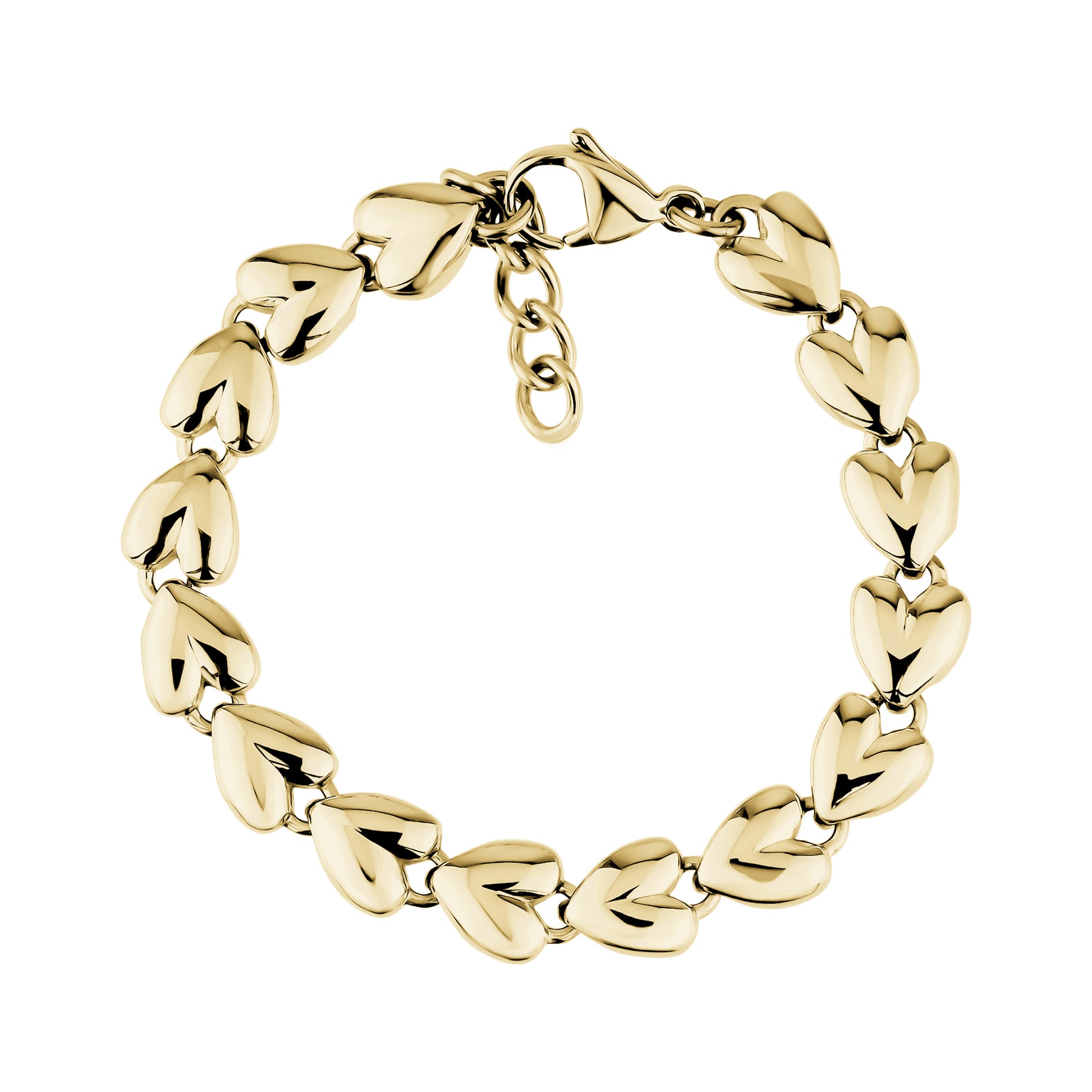 Gold stainless steel bracelet with linked heart-shaped charms and adjustable lobster clasp