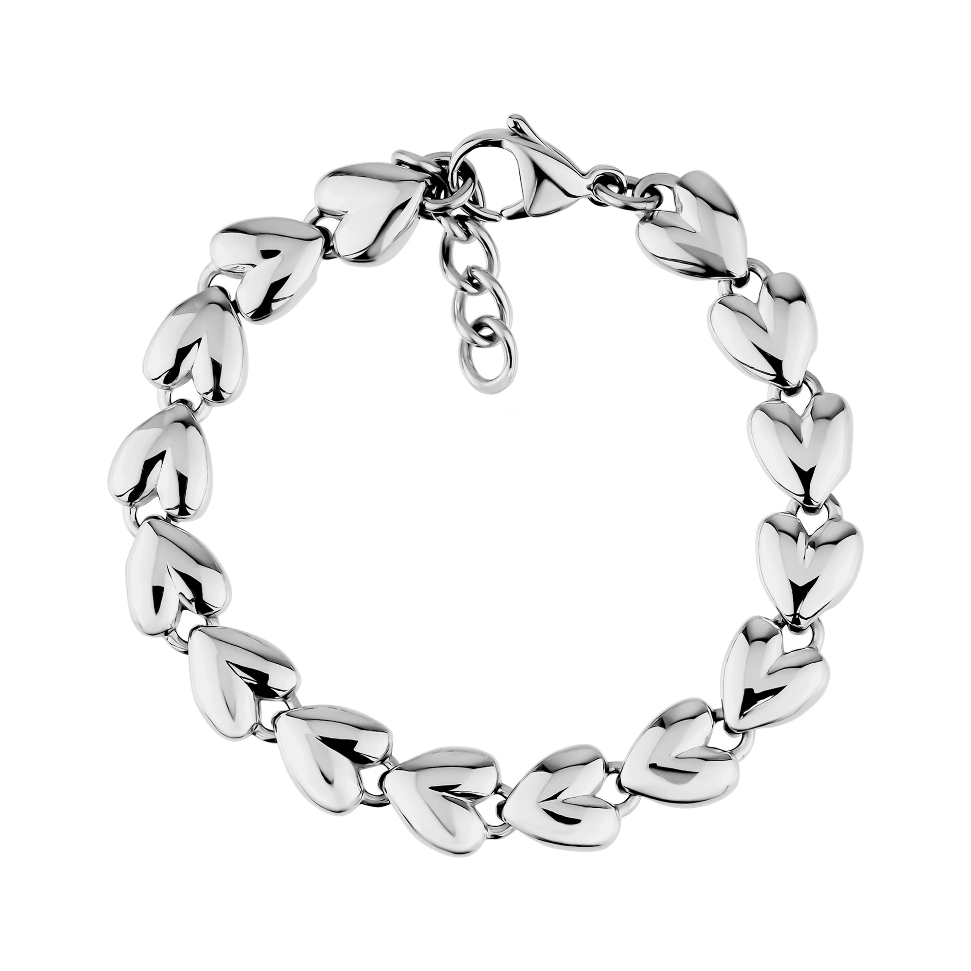 Silver stainless steel bracelet with linked heart-shaped charms and adjustable lobster clasp
