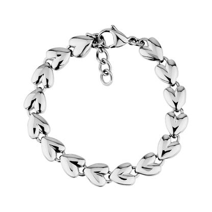 Silver stainless steel bracelet with linked heart-shaped charms and adjustable lobster clasp