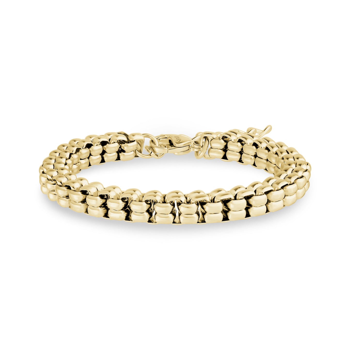 Polished yellow gold tone block link bracelet with lobster clasp closure, 7mm wide, displayed on white background