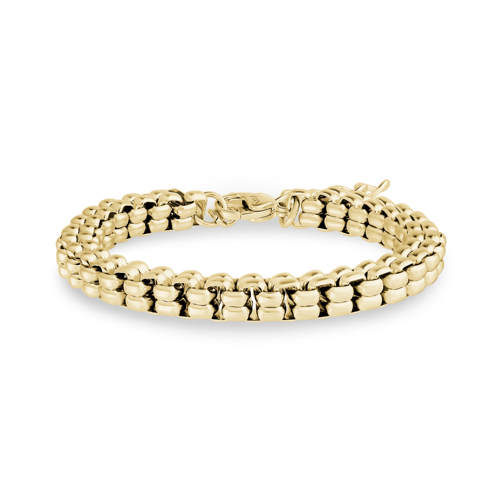 Polished yellow gold tone block link bracelet with lobster clasp closure, 7mm wide, displayed on white background