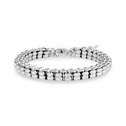 Polished silver tone block link bracelet with lobster clasp closure, 7mm wide, displayed on white background
