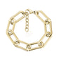 Close-up front view of bold elongated link bracelet in polished gold stainless steel with lobster clasp and extender chain