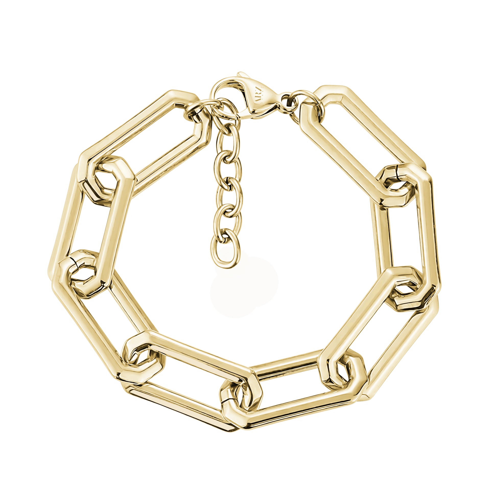 Close-up front view of bold elongated link bracelet in polished gold stainless steel with lobster clasp and extender chain