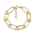 Close-up front view of bold elongated link bracelet in polished gold stainless steel with lobster clasp and extender chain
