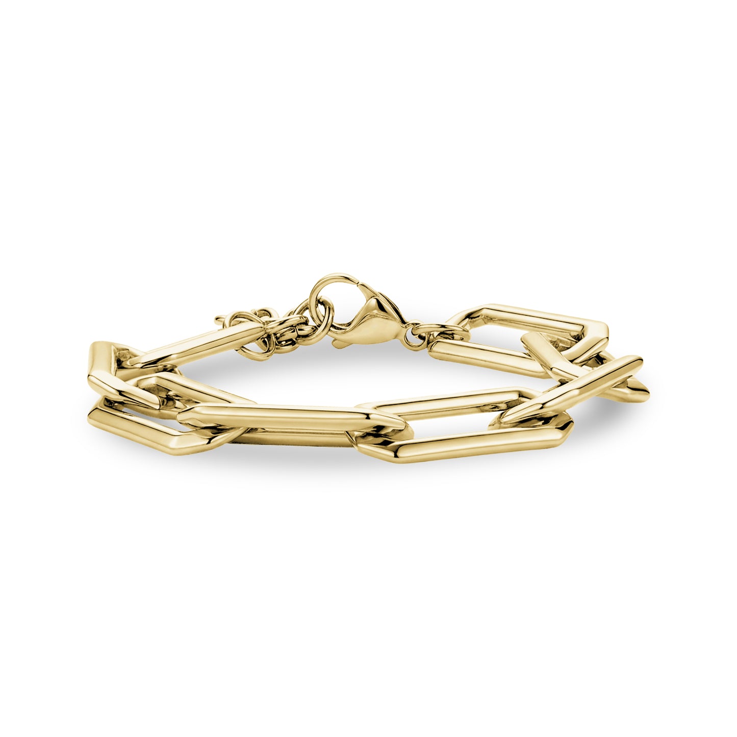 Side profile of bold elongated link gold stainless steel bracelet showing thickness and polished finish