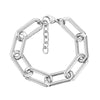 Close-up front view of bold elongated link bracelet in polished silver stainless steel with lobster clasp and extender chain