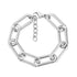 Close-up front view of bold elongated link bracelet in polished silver stainless steel with lobster clasp and extender chain
