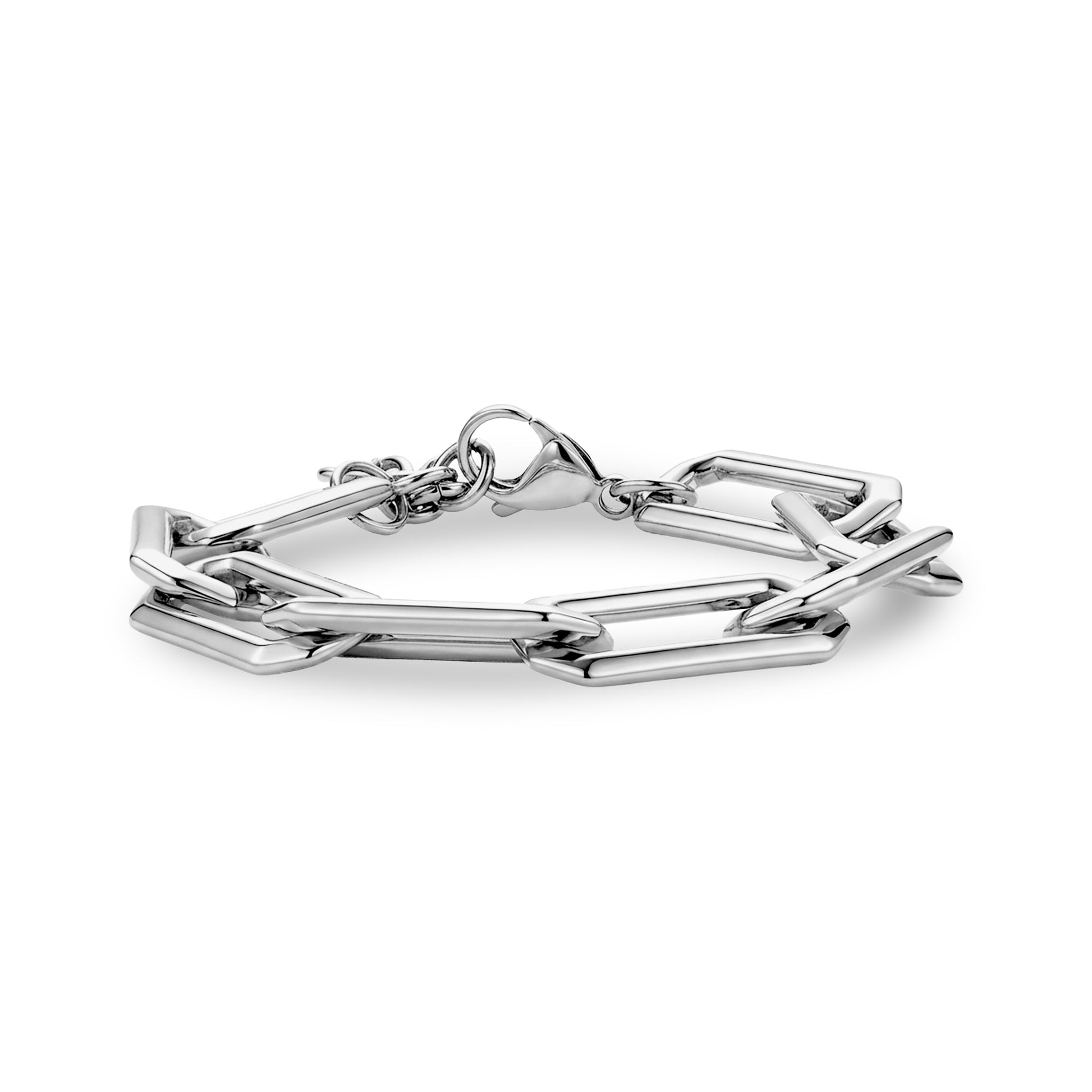 Side profile of bold elongated link silver stainless steel bracelet showing thickness and polished finish