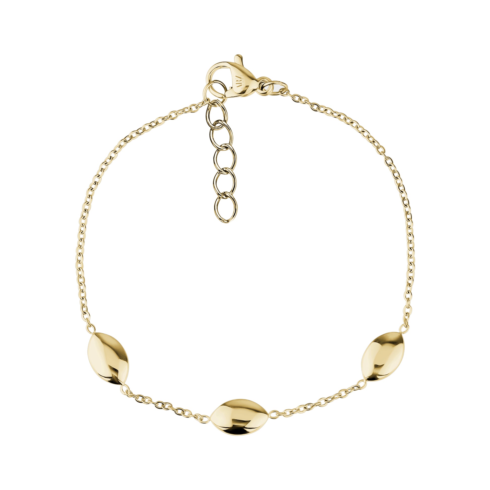 Women's stainless steel bracelet with three polished oval dome links and adjustable chain in gold tone