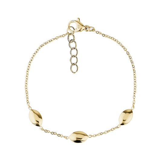 Women's stainless steel bracelet with three polished oval dome links and adjustable chain in gold tone