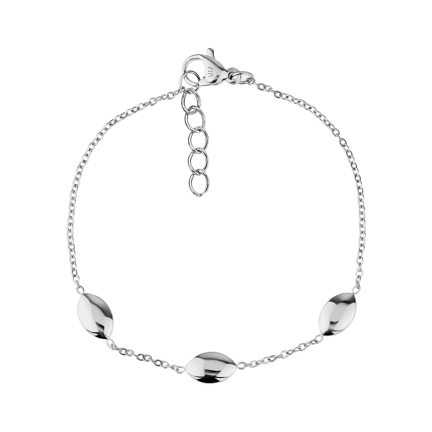 Women's stainless steel bracelet with three polished oval dome links and adjustable chain in silver tone