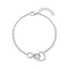 Silver tone women's bracelet featuring an infinity symbol intertwined with a crystal-studded heart and a crystal adorned tennis chain with adjustable clasp