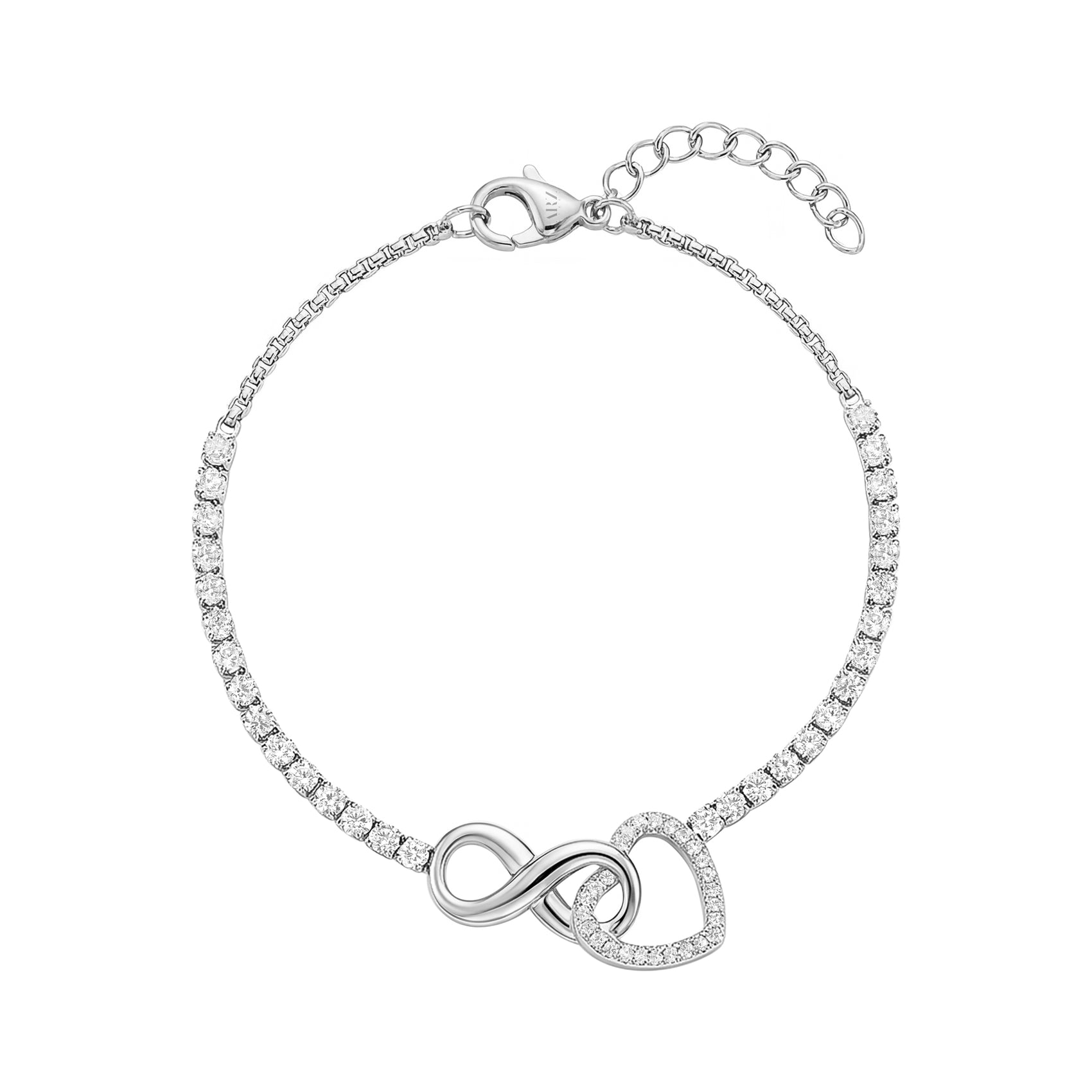 Silver tone women's bracelet featuring an infinity symbol intertwined with a crystal-studded heart and a crystal adorned tennis chain with adjustable clasp