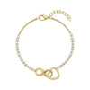 Gold tone women's bracelet with an infinity symbol intertwined with a crystal-studded heart and crystal adorned tennis chain with extension clasp