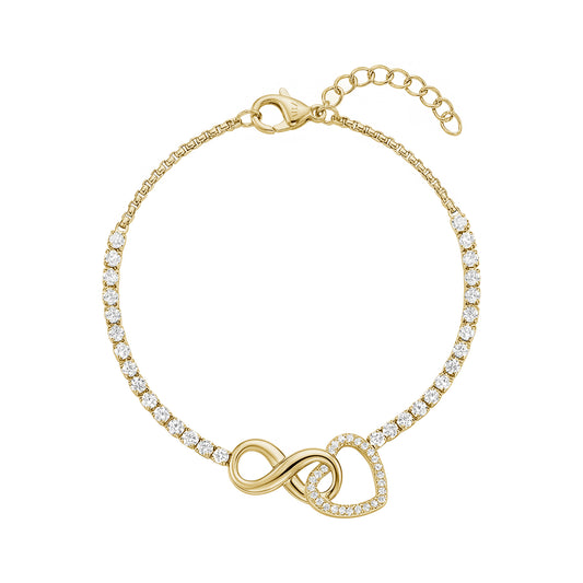 Gold tone women's bracelet with an infinity symbol intertwined with a crystal-studded heart and crystal adorned tennis chain with extension clasp