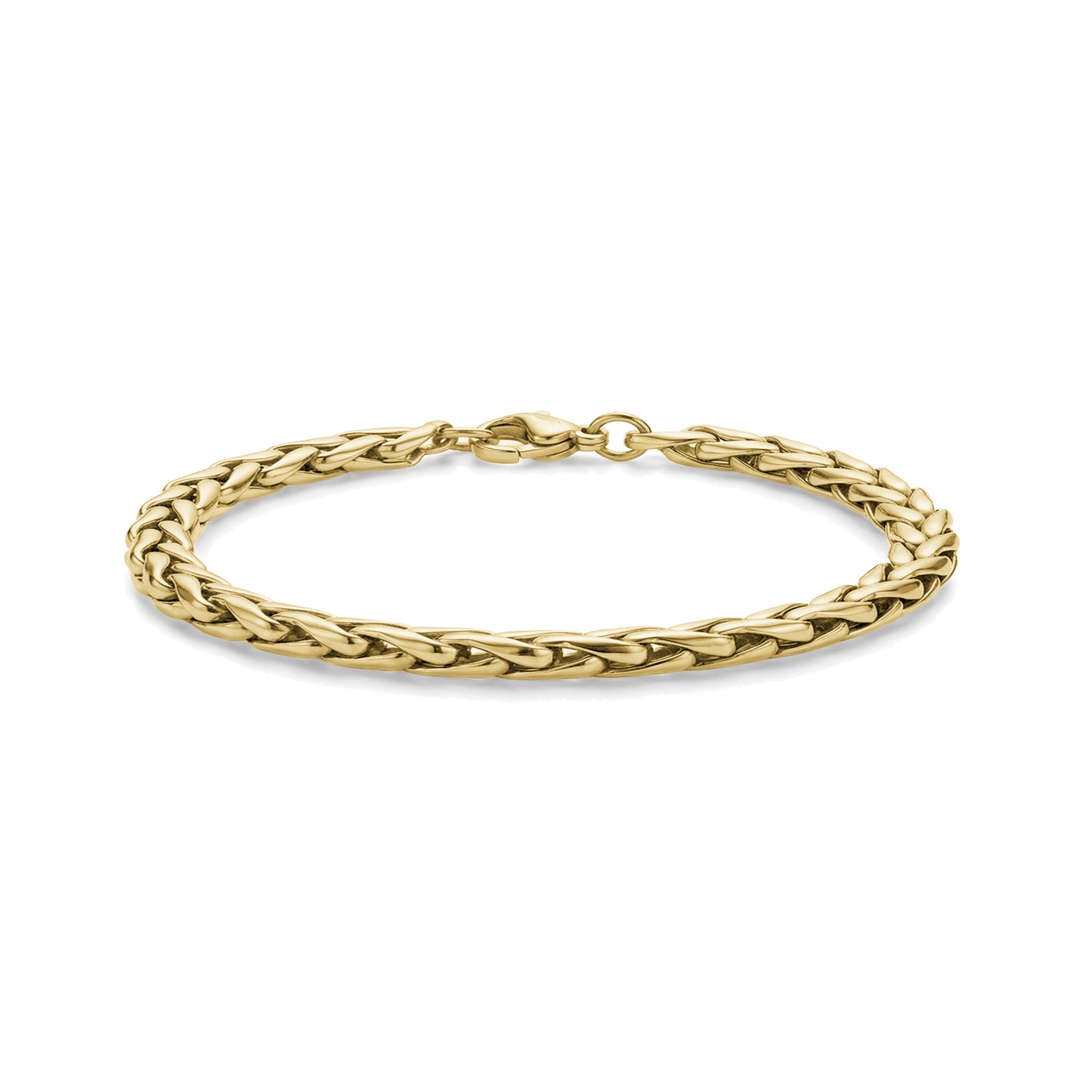 Close-up of gold interlaced link steel bracelet lying flat with lobster clasp visible