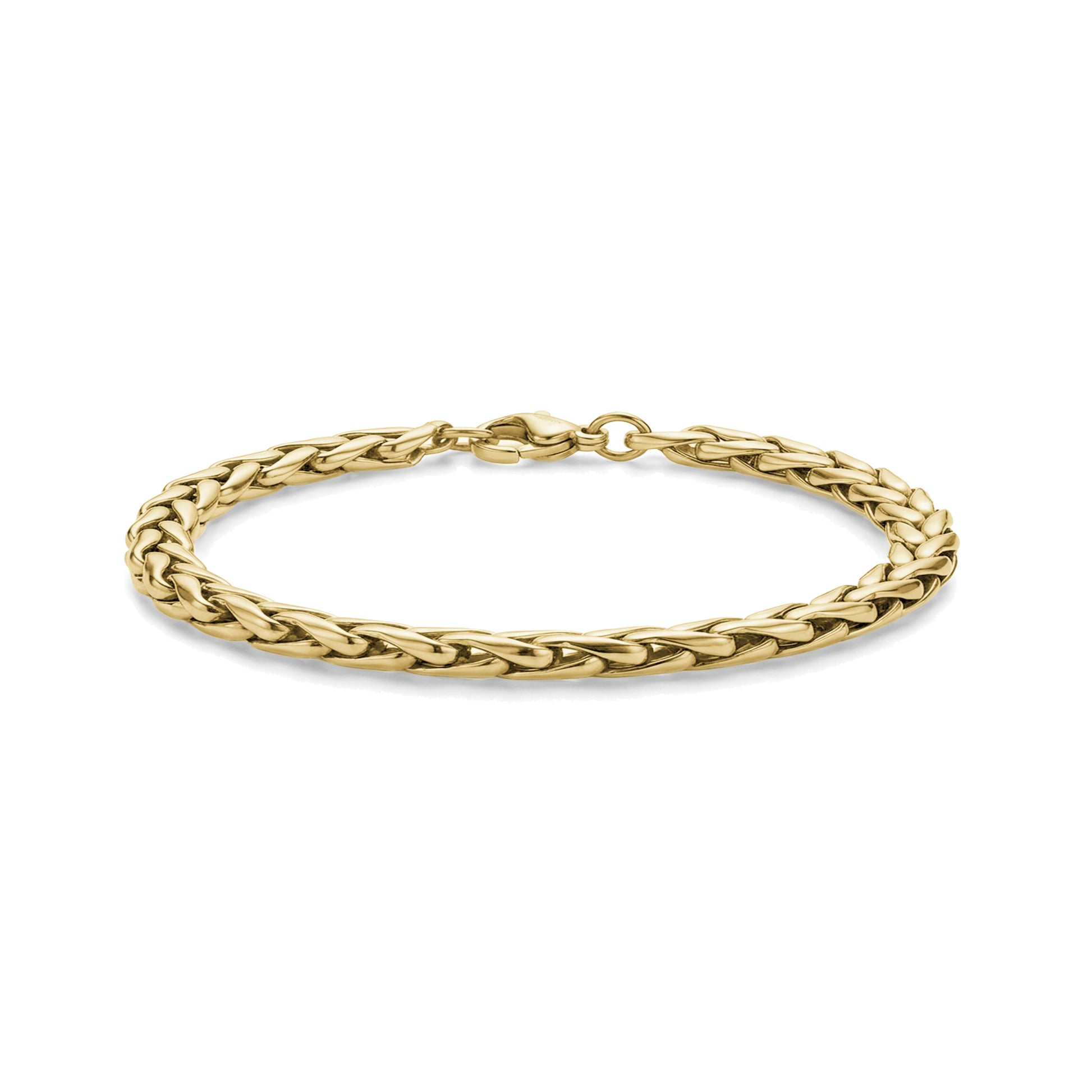 Close-up of gold interlaced link steel bracelet lying flat with lobster clasp visible
