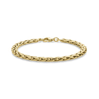 Close-up of gold interlaced link steel bracelet lying flat with lobster clasp visible