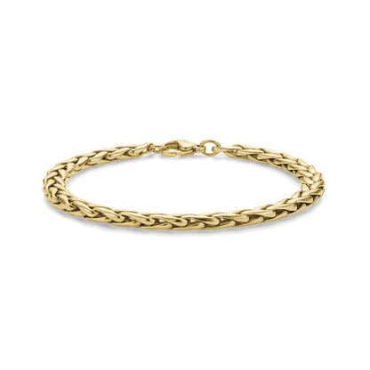 Close-up of gold interlaced link steel bracelet lying flat with lobster clasp visible