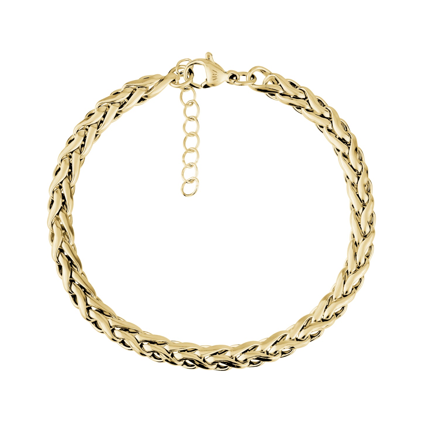 Top view of gold interlaced link bracelet with extension chain and lobster clasp