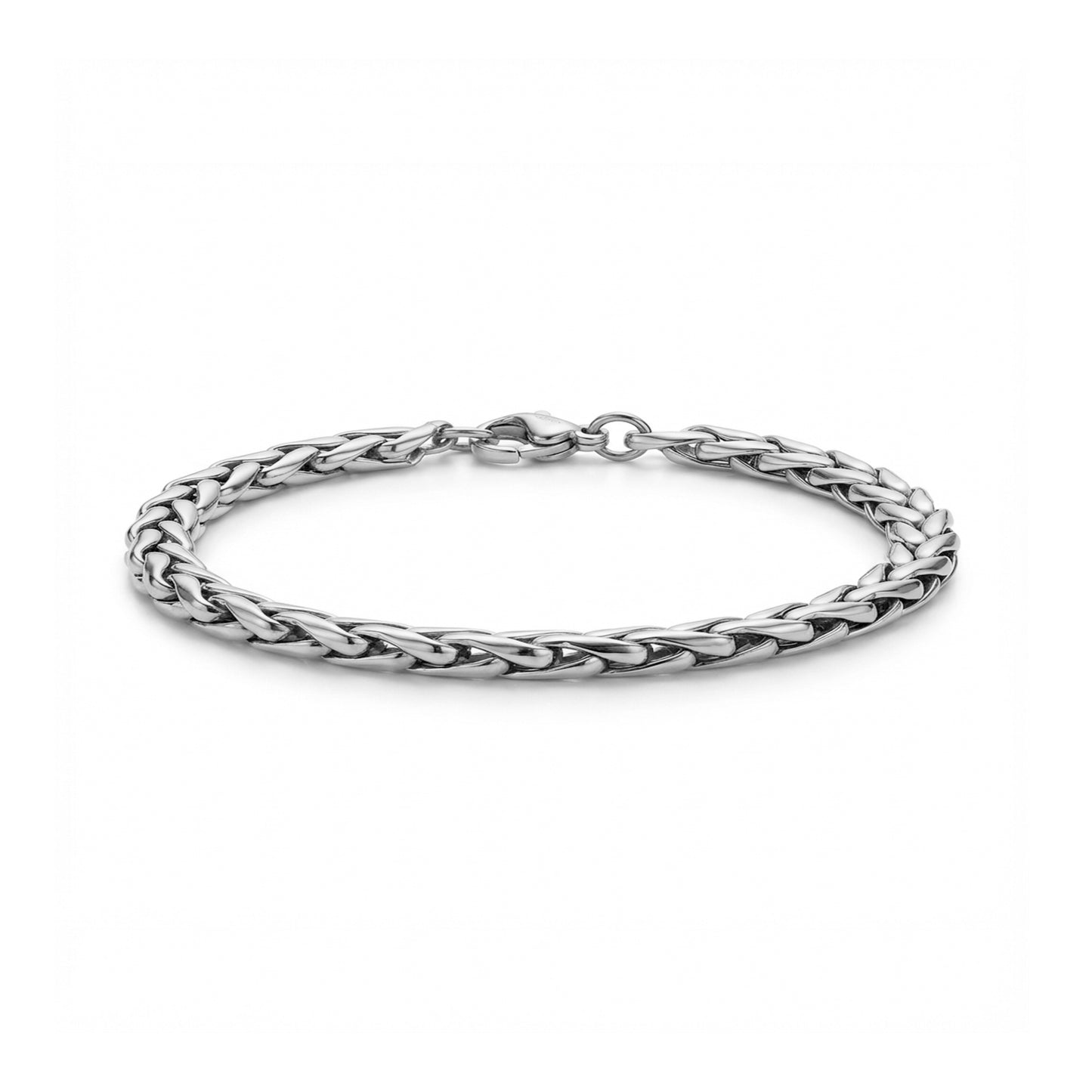 Close-up of silver interlaced link steel bracelet lying flat with lobster clasp visible