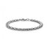 Close-up of silver interlaced link steel bracelet lying flat with lobster clasp visible
