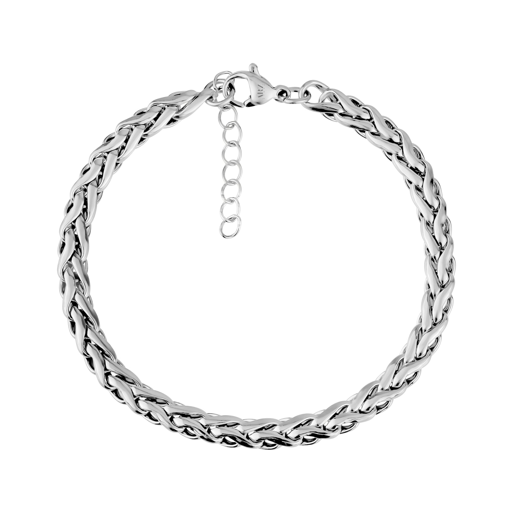 Top view of silver interlaced link bracelet with extension chain and lobster clasp