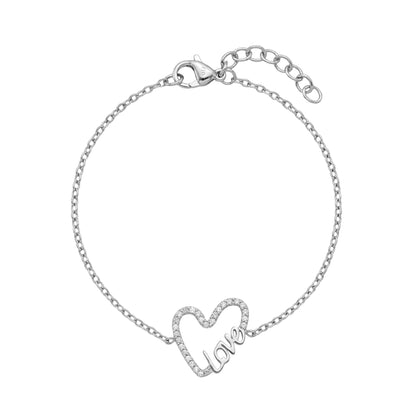 Silver women's bracelet featuring open heart shape with sparkling stones and 'love' word detail on an adjustable chain