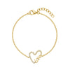 Gold women's bracelet featuring open heart shape with sparkling stones and 'love' word detail on an adjustable chain