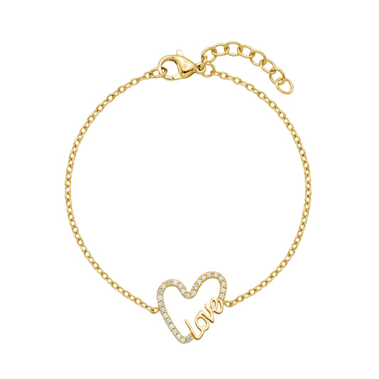 Gold women's bracelet featuring open heart shape with sparkling stones and 'love' word detail on an adjustable chain