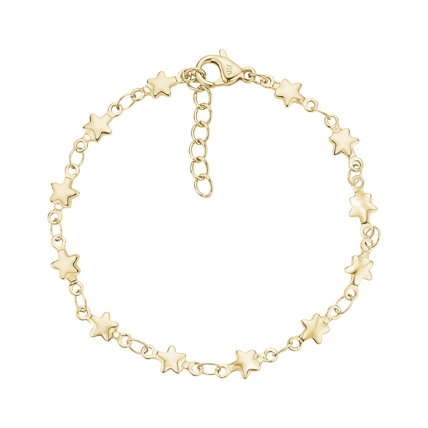 Gold abstract star link bracelet with 4.5mm star charms and 6.5 inch length plus extension