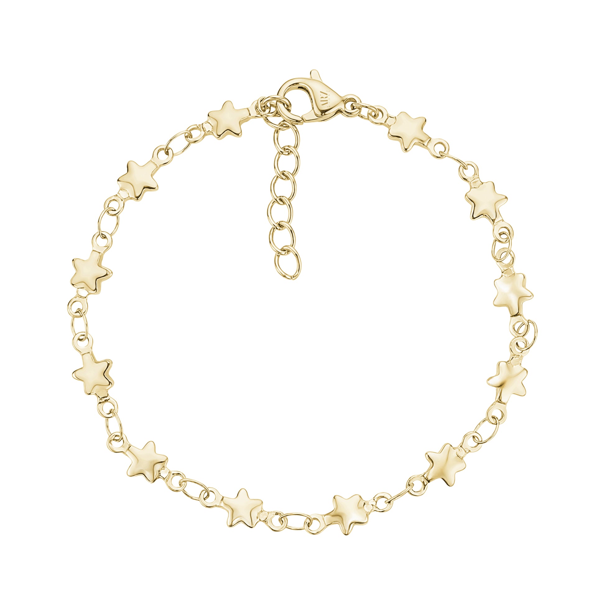 Gold abstract star link bracelet with 4.5mm star charms and 6.5 inch length plus extension