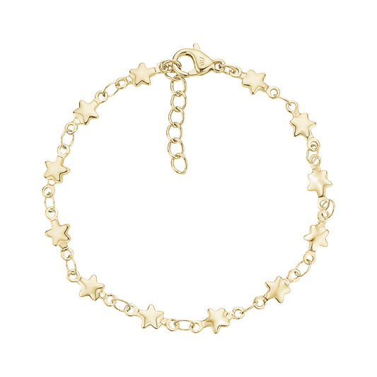 Gold abstract star link bracelet with 4.5mm star charms and 6.5 inch length plus extension