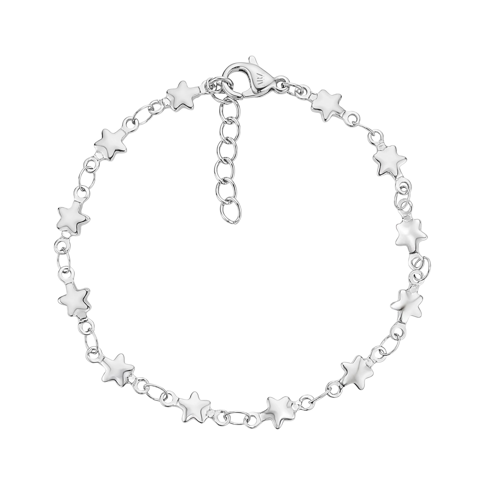 Silver abstract star link bracelet with 4.5mm star charms and 6.5 inch length plus extension