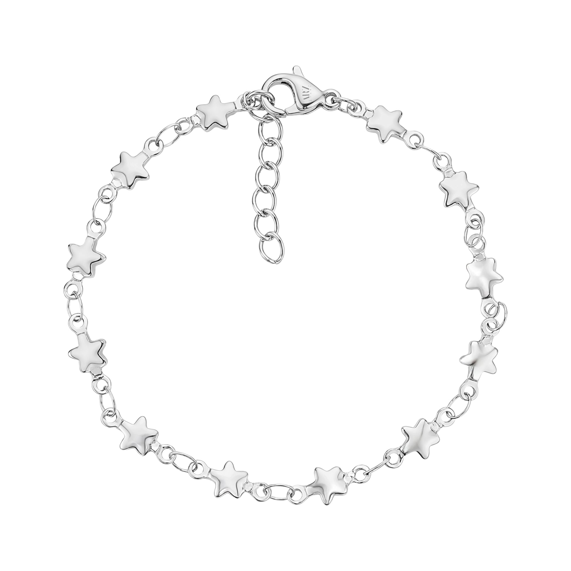 Silver abstract star link bracelet with 4.5mm star charms and 6.5 inch length plus extension