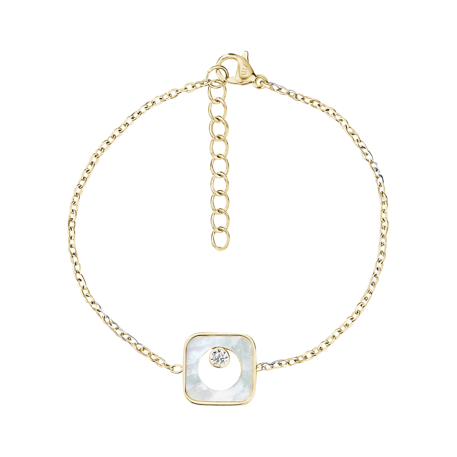 Gold square mother of pearl link bracelet with cubic zirconia stone and adjustable chain