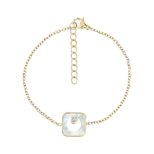 Gold square mother of pearl link bracelet with cubic zirconia stone and adjustable chain