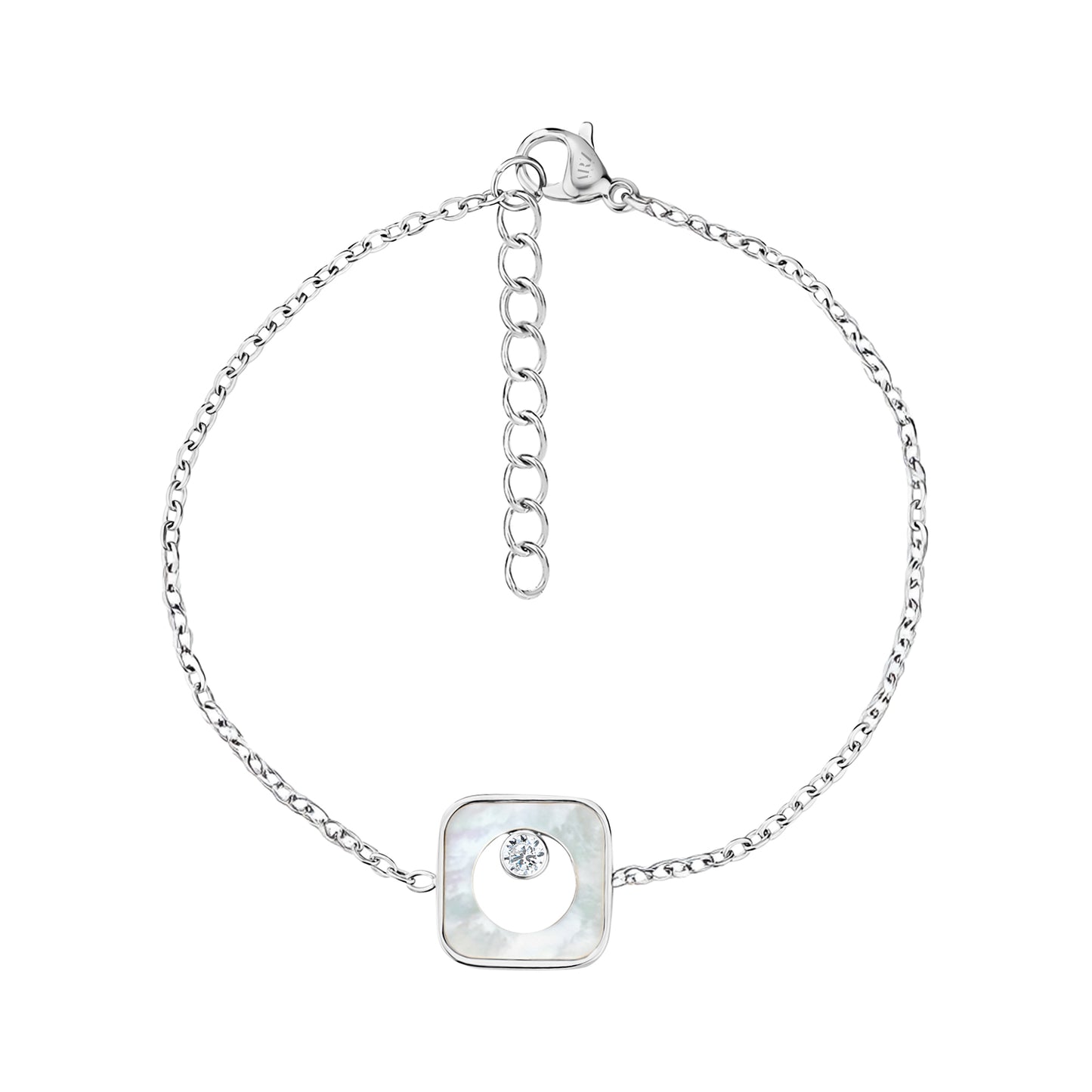 Silver square mother of pearl link bracelet with cubic zirconia stone and adjustable chain